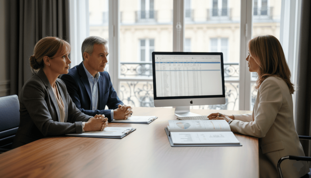 intérieur d’un cabinet de gestion de patrimoine moderne à Paris, couple de quinquagénaires élégants assis face à une conseillère financière, dossiers patrimoniaux ouverts sur la table avec graphiques fiscaux