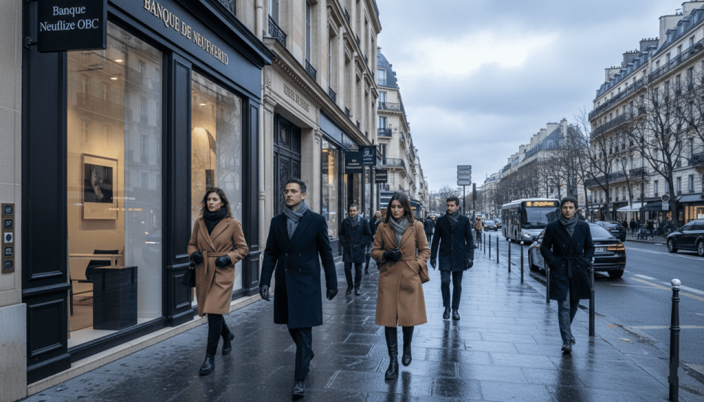 uartier d’affaires parisien en hiver, passants élégants marchant devant des banques privées et cabinets de gestion de fortune