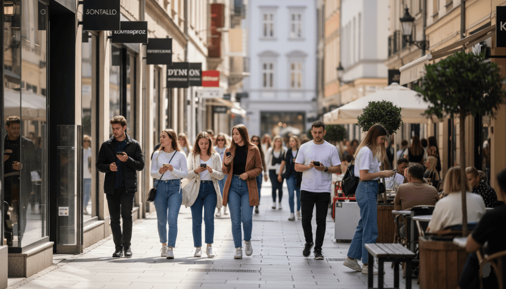 une rue commerçante européenne avec jeunes consommateurs entrant dans boutiques de mode et cafés