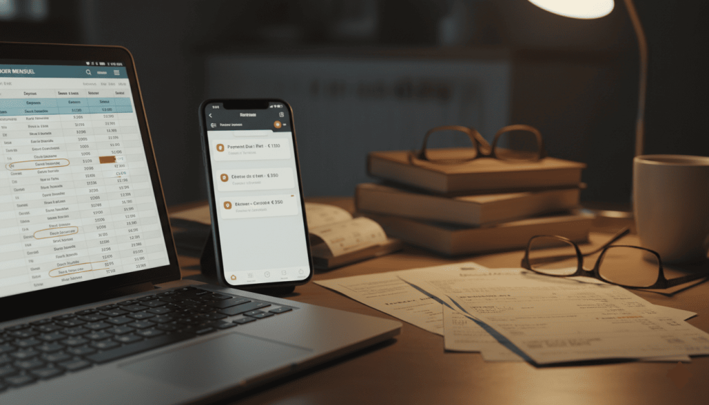 bureau personnel avec plusieurs notifications de paiement, relevés bancaires et échéances affichées sur smartphone et ordinateur portable