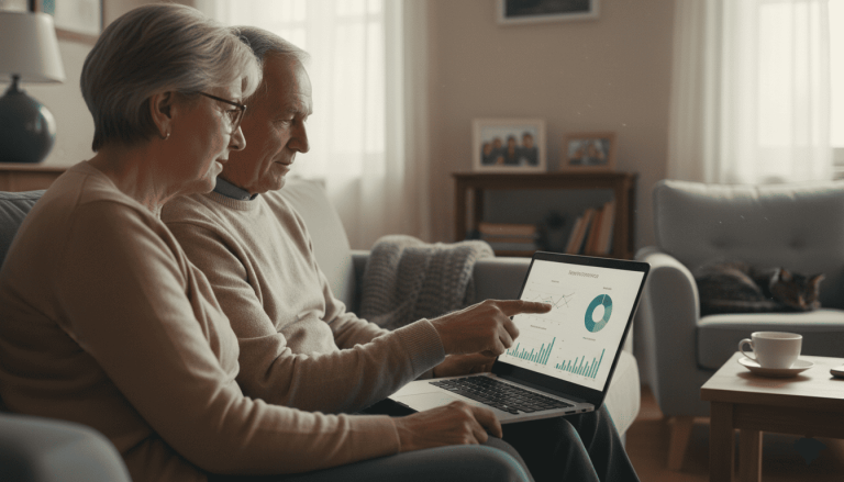 ouple de retraités consultant leurs finances à domicile, ordinateur portable affichant graphiques de rendement