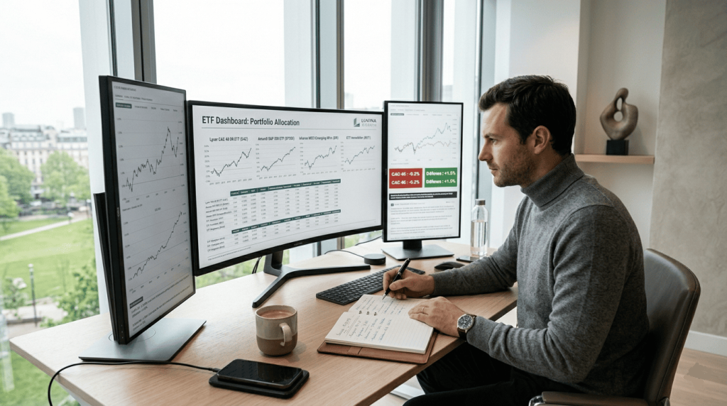 jeune investisseur consultant des ETF sur plusieurs écrans, graphiques boursiers