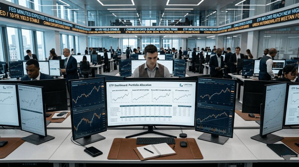 alle de marché contemporaine avec écrans financiers affichant indices et ETF diversifiés, traders en arrière-plan