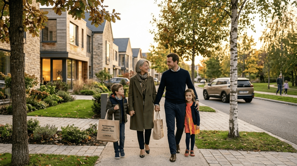 une famille marchant dans un quartier résidentiel moderne, ambiance stabilité financière et investissement serein