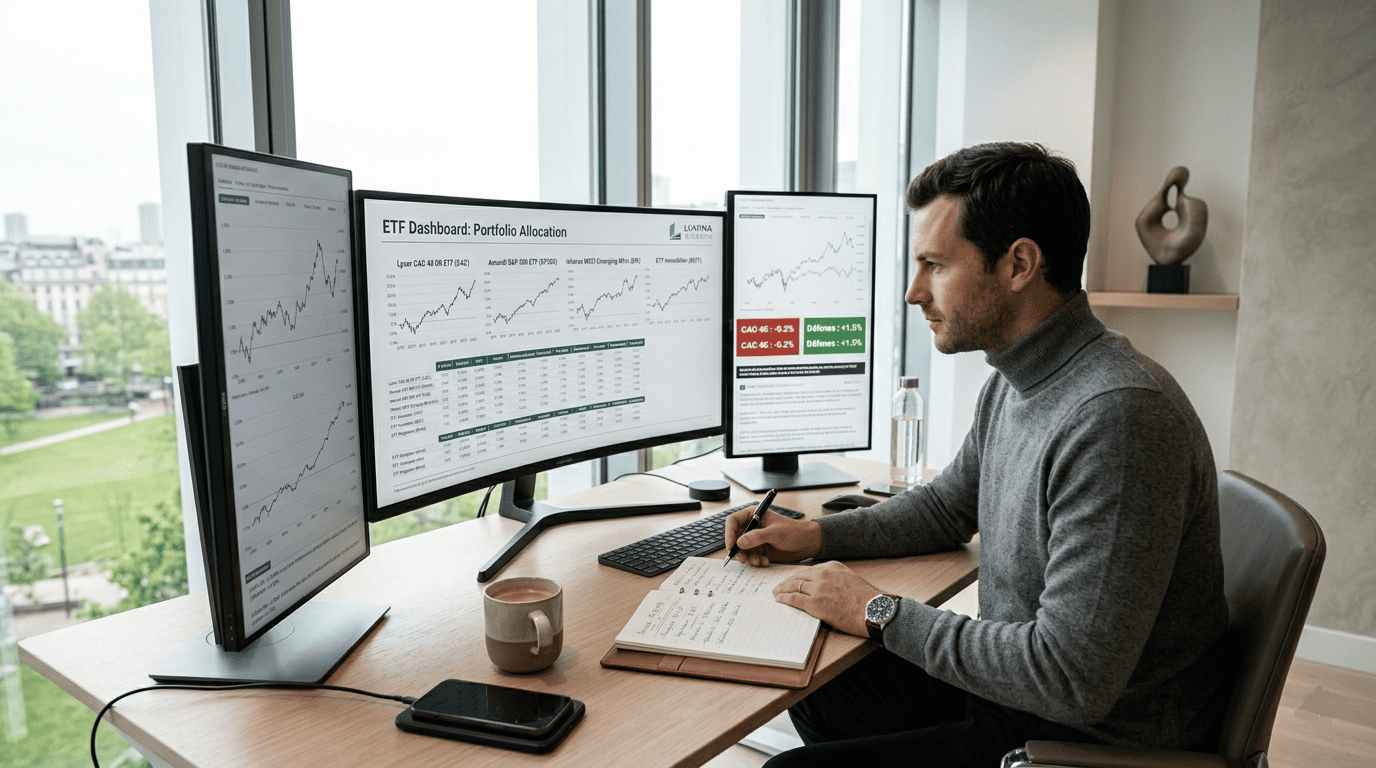 jeune investisseur consultant des ETF sur plusieurs écrans, graphiques boursiers