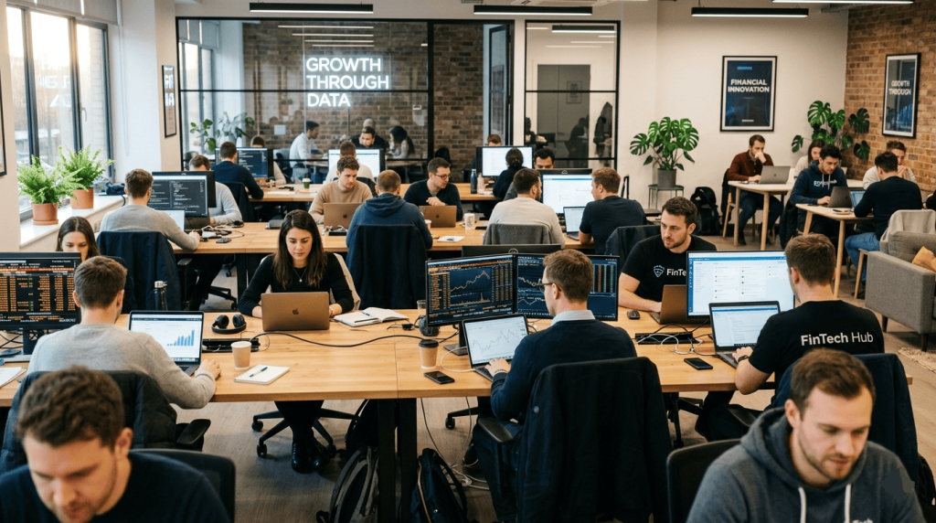 Scène de coworking avec personnes travaillant sur ordinateurs