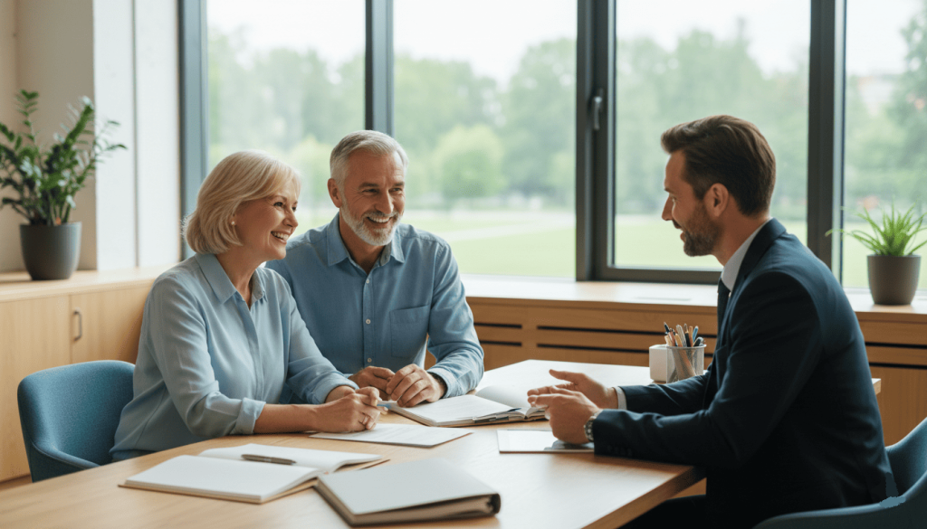 Couple senior souriant discutant finances avec un conseiller dans un bureau lumineux