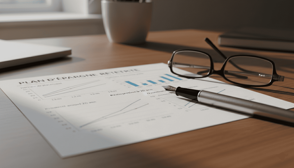 Gros plan d’un document d’épargne retraite avec graphiques de croissance, stylo et lunettes posés