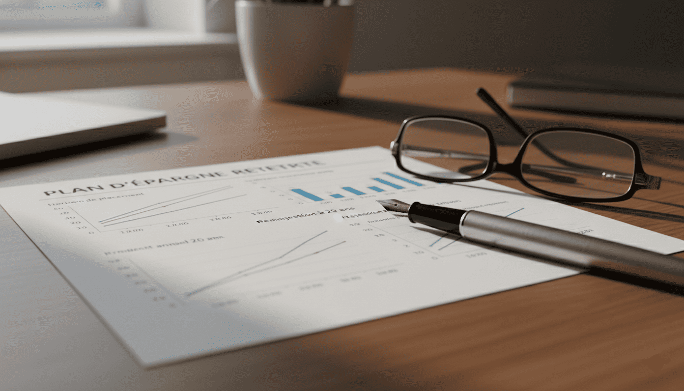 Gros plan d’un document d’épargne retraite avec graphiques de croissance, stylo et lunettes posés