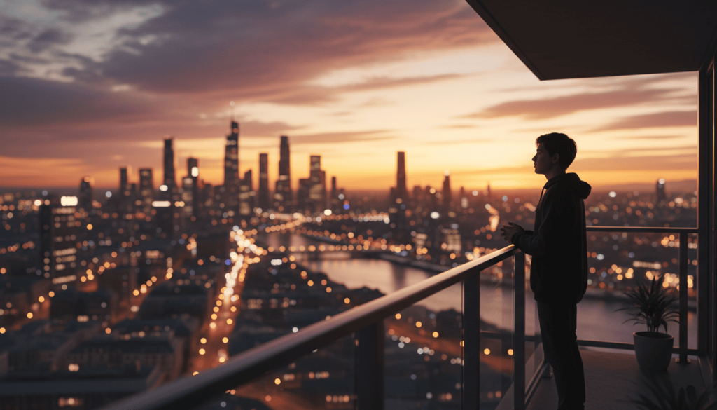 Personne seule sur un balcon regardant la ville au coucher du soleil