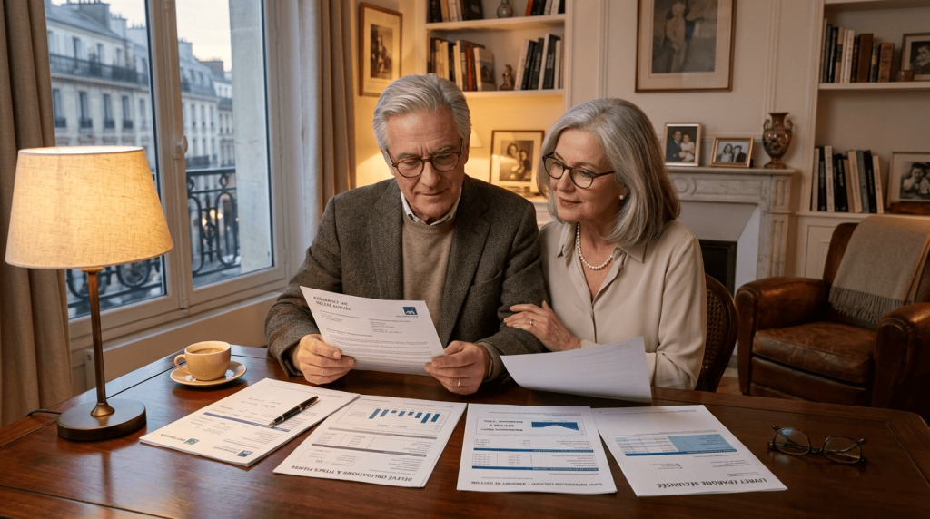 couple senior français élégant dans un salon confortable, analysant des documents financiers imprimés