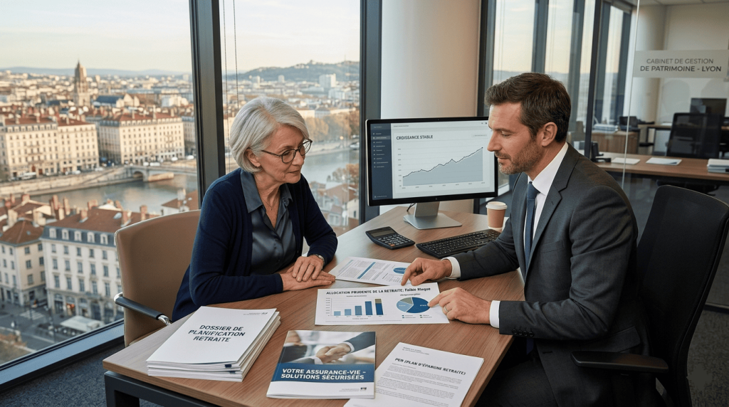 agence de gestion de patrimoine française, femme retraitée discutant avec un conseiller financier