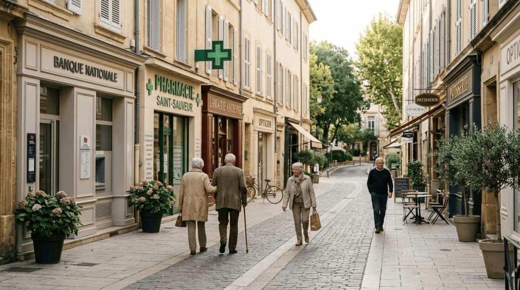 rue calme dans une ville française aisée, seniors marchant tranquillement devant des commerces, banques et pharmacies, ambiance de stabilité financière et de retraite sereine