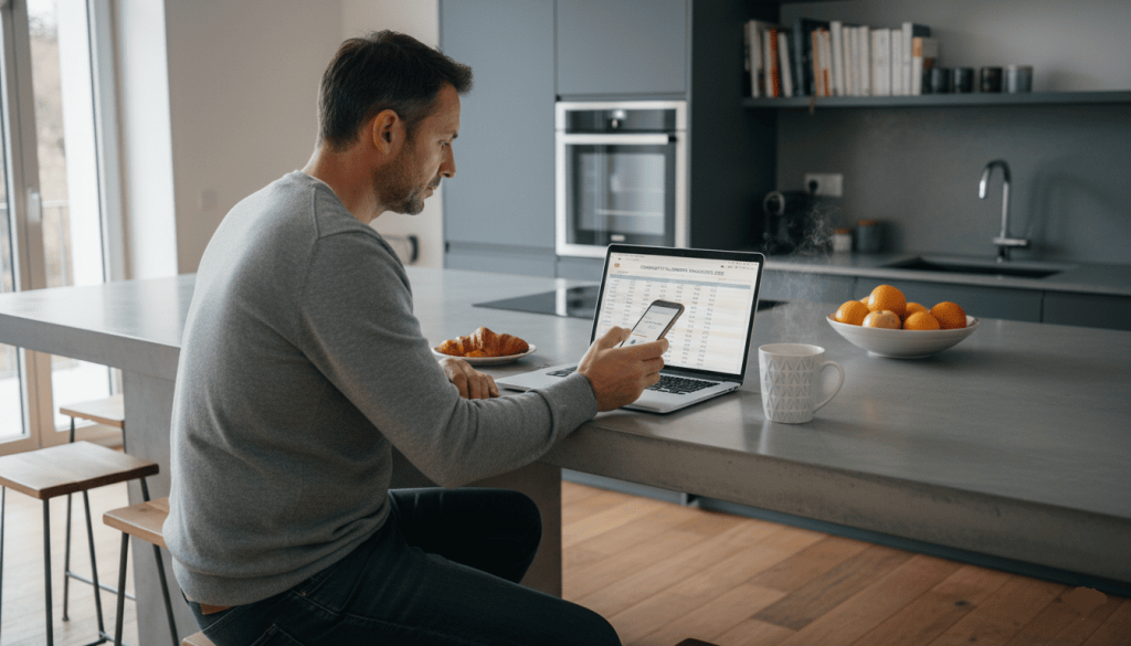 Homme de 45 ans assis dans une cuisine contemporaine, ordinateur portable affichant un tableau comparatif de placements financiers 2026, tasse de café, smartphone avec application bancaire ouverte