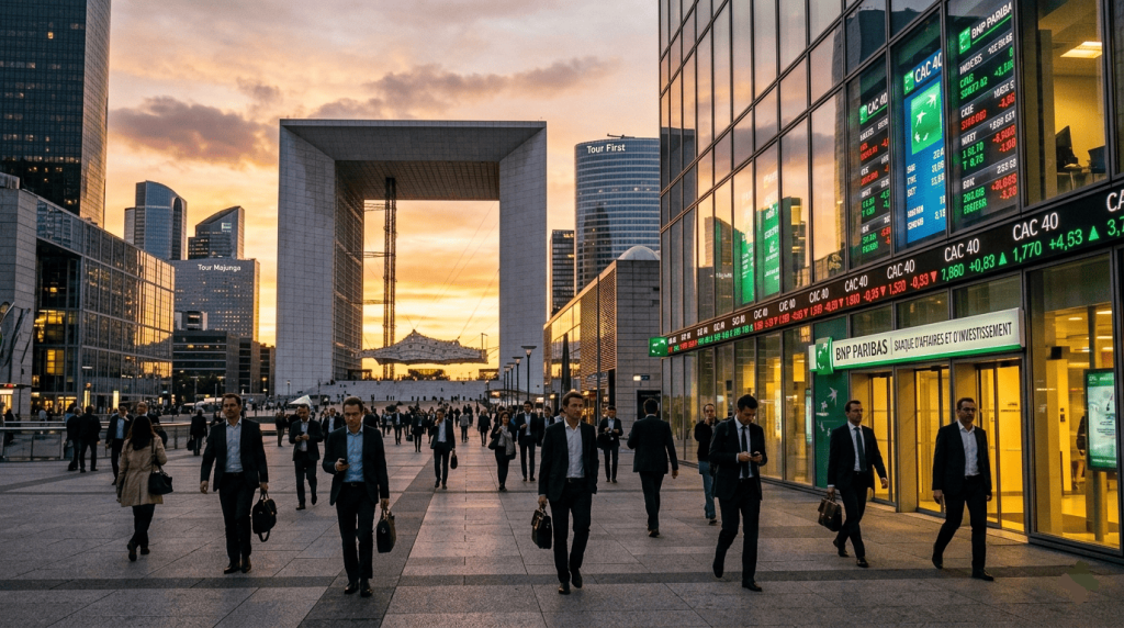 uartier d’affaires de La Défense au coucher du soleil, passants en tenue professionnelle