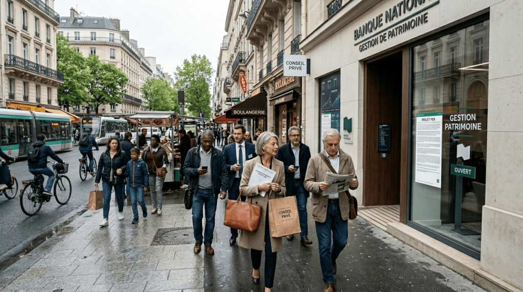 une rue commerçante française avec plusieurs agences baune rue commerçante française avec plusieurs agences bancaires physiques visibles, passune rue commerçante française avec plusieurs agences bancaires physiques visibles, passants variésants variéssibles, passants variés