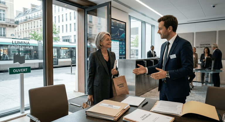 conseiller bancaire accueillant une cliente dans une agence physique moderne et lumineuse, espace premium