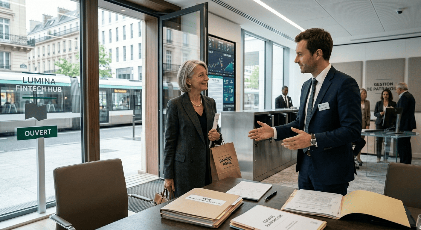 conseiller bancaire accueillant une cliente dans une agence physique moderne et lumineuse, espace premium