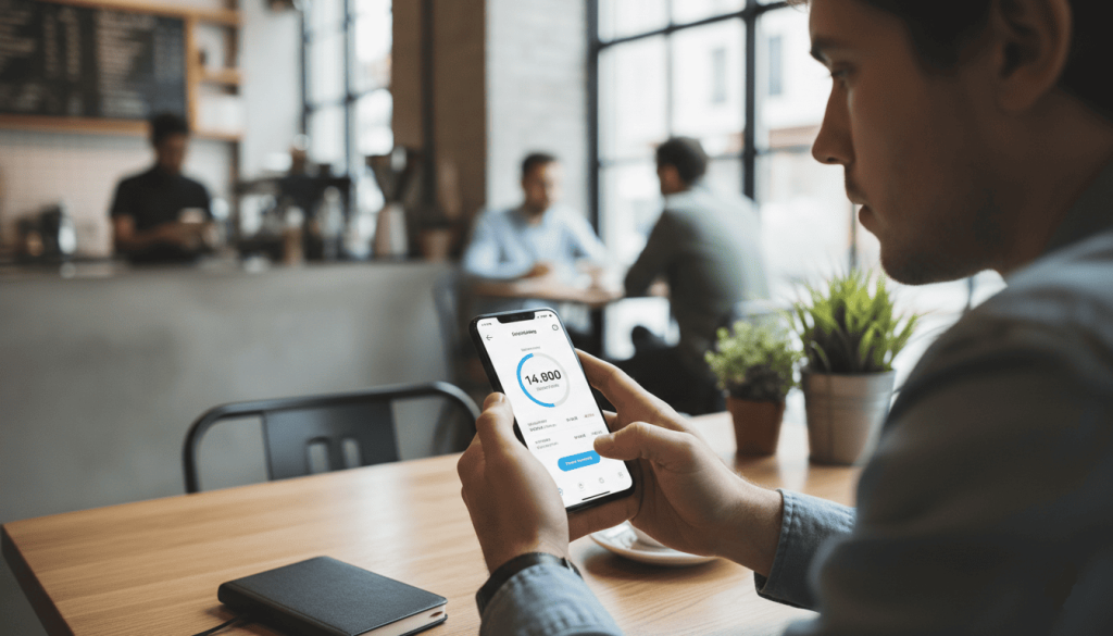 Jeune adulte utilisant une application bancaire sur smartphone dans un café moderne