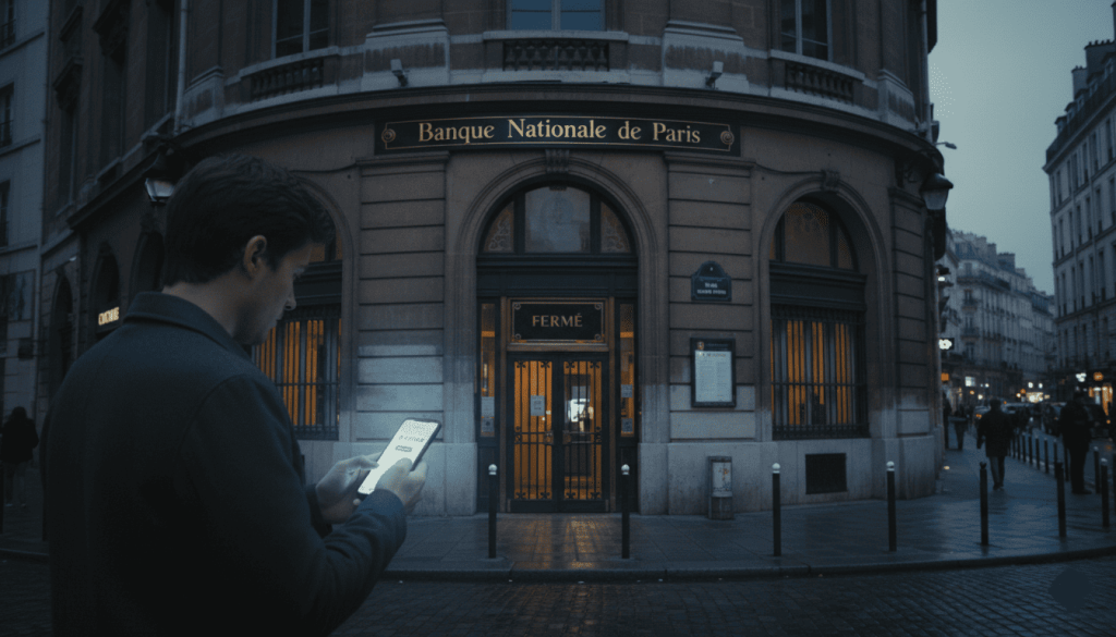 une personne consultant son téléphone devant une vitrine de banque traditionnelle fermée