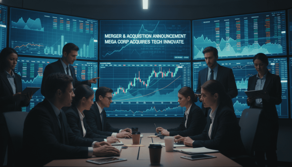 Salle de marché moderne avec analystes financiers observant une annonce de fusion-acquisition sur grands écrans