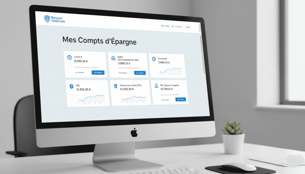 Interface bancaire affichant plusieurs comptes d’épargne avec soldes