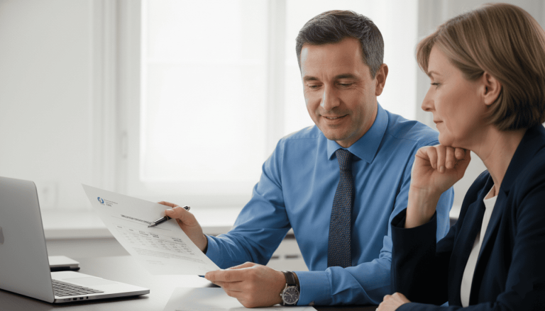 Conseiller montrant un document avec colonnes “revenus activité” et “pension”