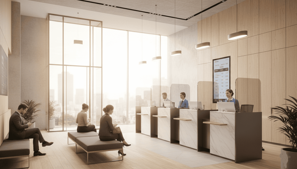 intérieur d’une agence bancaire moderne, guichets, clients