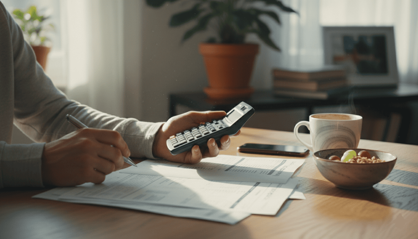 une personne consultant ses relevés bancaires et calculatrice