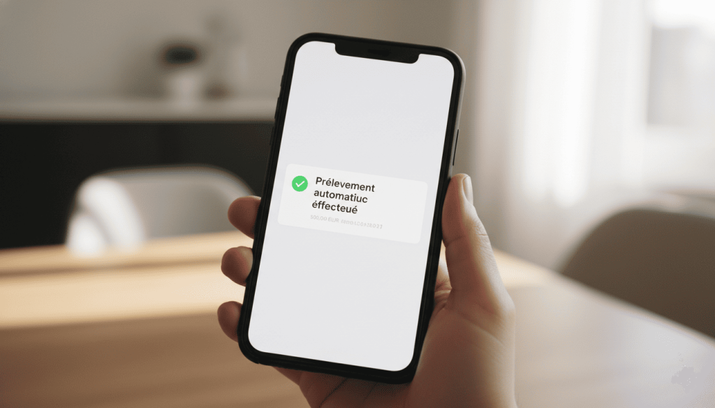 un smartphone affichant une notification bancaire “prélèvement automatique effectué”