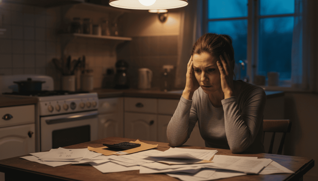 une personne assise à une table de cuisine regardant ses comptes avec une expression inquiète