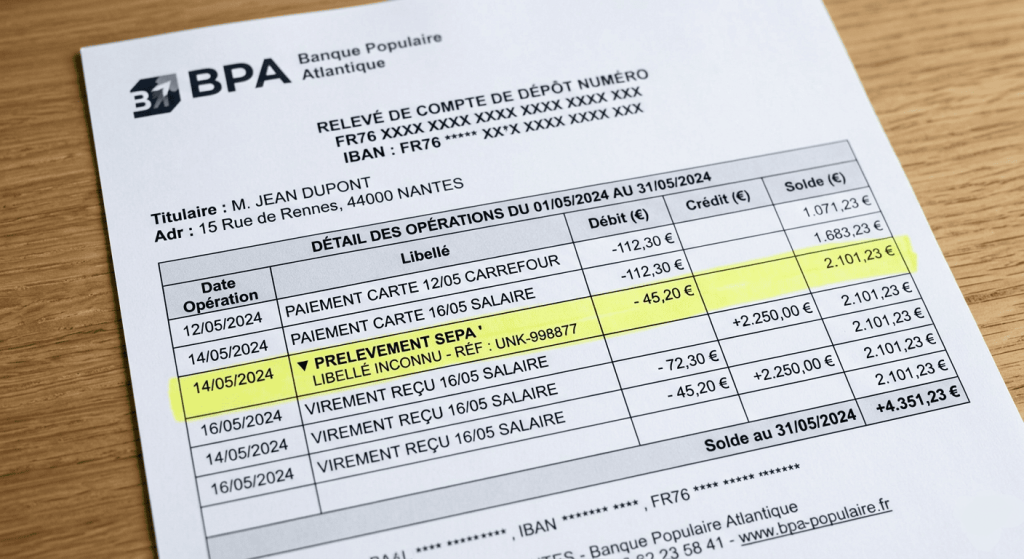 Document de virement SEPA imprimé avec montant élevé (centaines de milliers d’euros), mise en page bancaire standard
