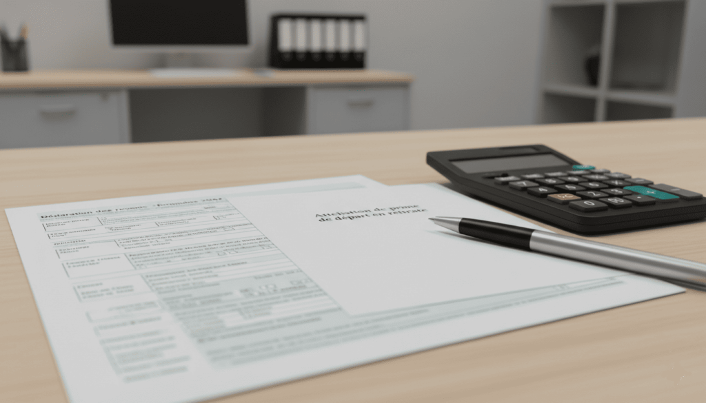 formulaire fiscal français imprimé accompagné d’un document de prime de départ à la retraite, calculatrice et stylo