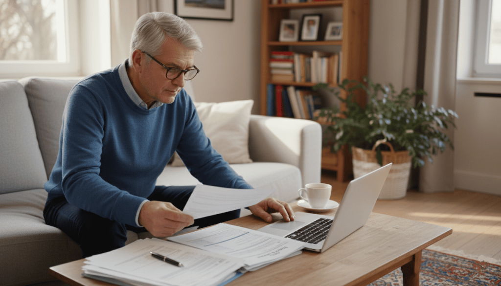 Homme de 62 ans assis dans son salon, consultant ses documents fiscaux et son ordinateur portable