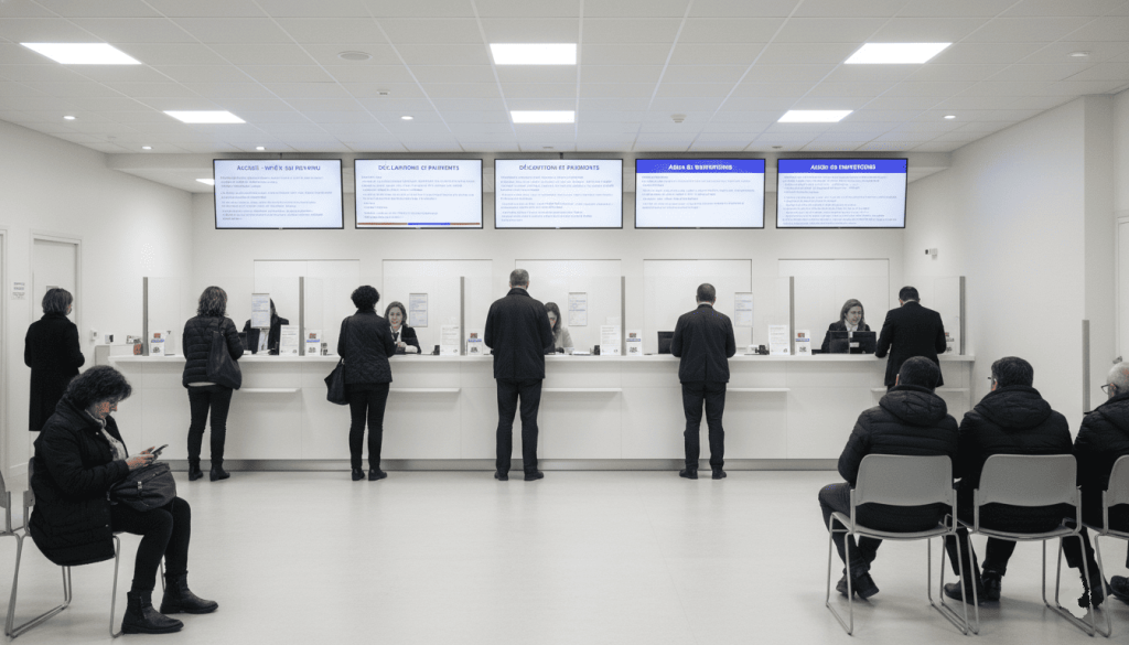 Hall réaliste d’un centre administratif français avec guichets, usagers attendant calmement, panneaux d’information fiscaux