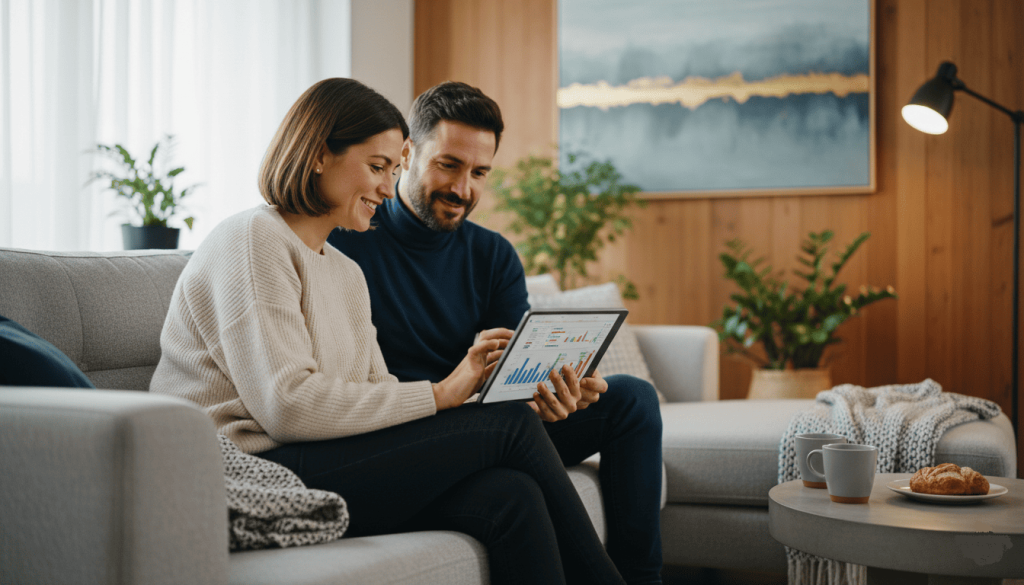 Couple trentenaire français assis dans un salon moderne, analysant des placements sur tablette numérique, expressions concentrées