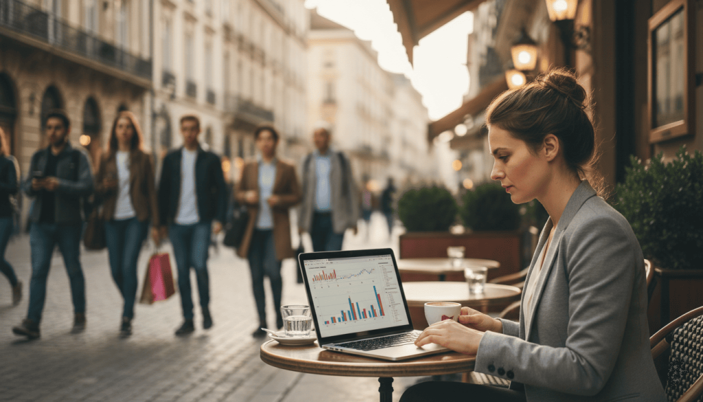 Terrasse de café dans une grande ville européenne, jeune entrepreneuse consultant des graphiques financiers sur ordinateur portable pendant que des passants circulent en arrière-plan,