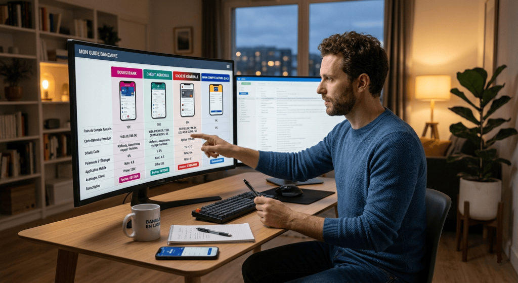 homme de 35 ans comparant plusieurs offres bancaires sur un grand écran d’ordinateur avec tableaux comparatifs, frais bancaires, cartes premium et applications mobiles