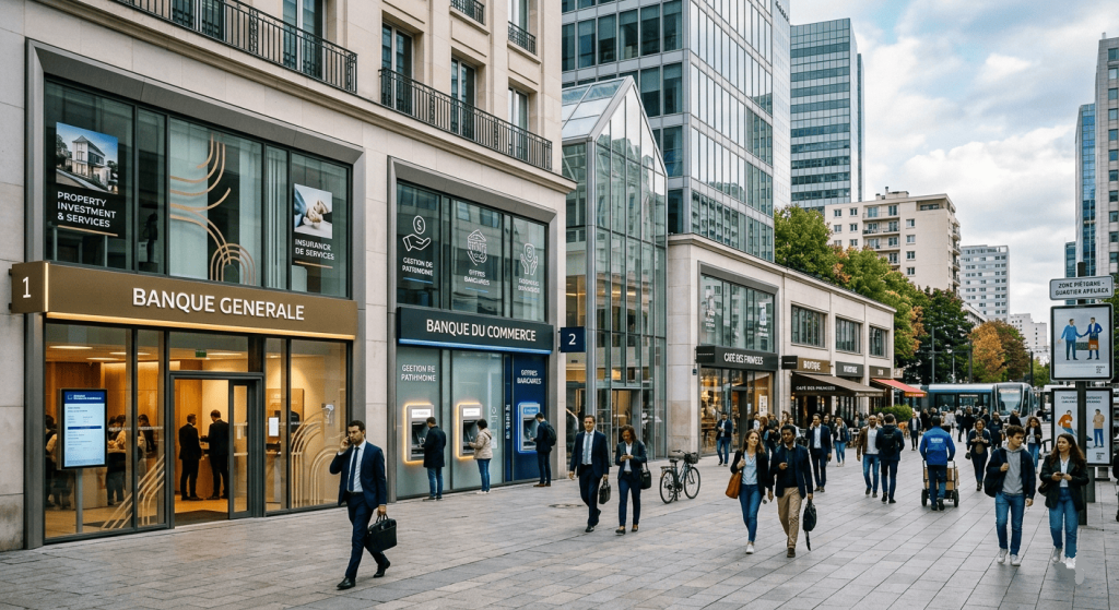 quartier financier français avec plusieurs agences bancaires modernes visibles dans une rue animée