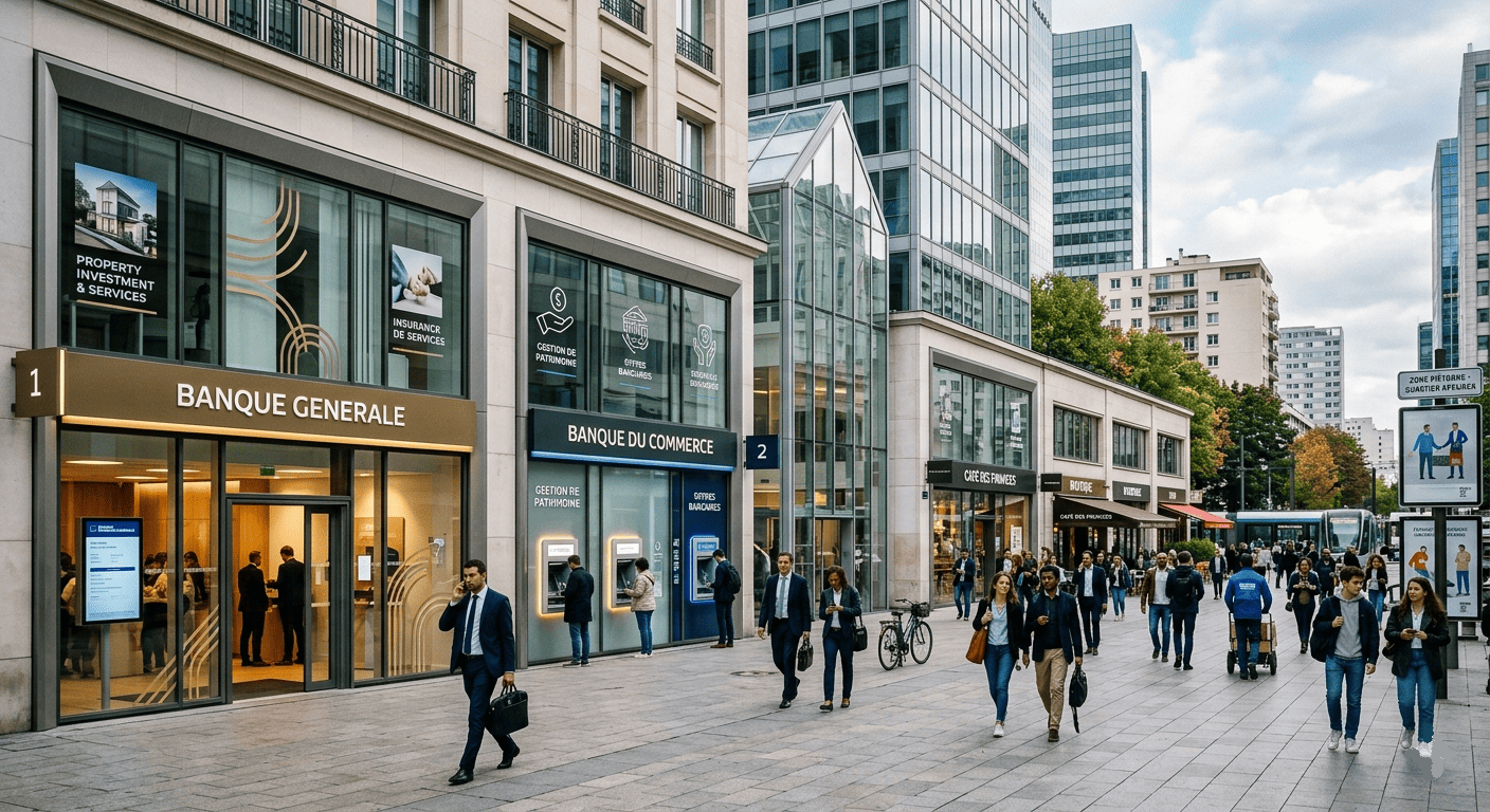 quartier financier français avec plusieurs agences bancaires modernes visibles dans une rue animée