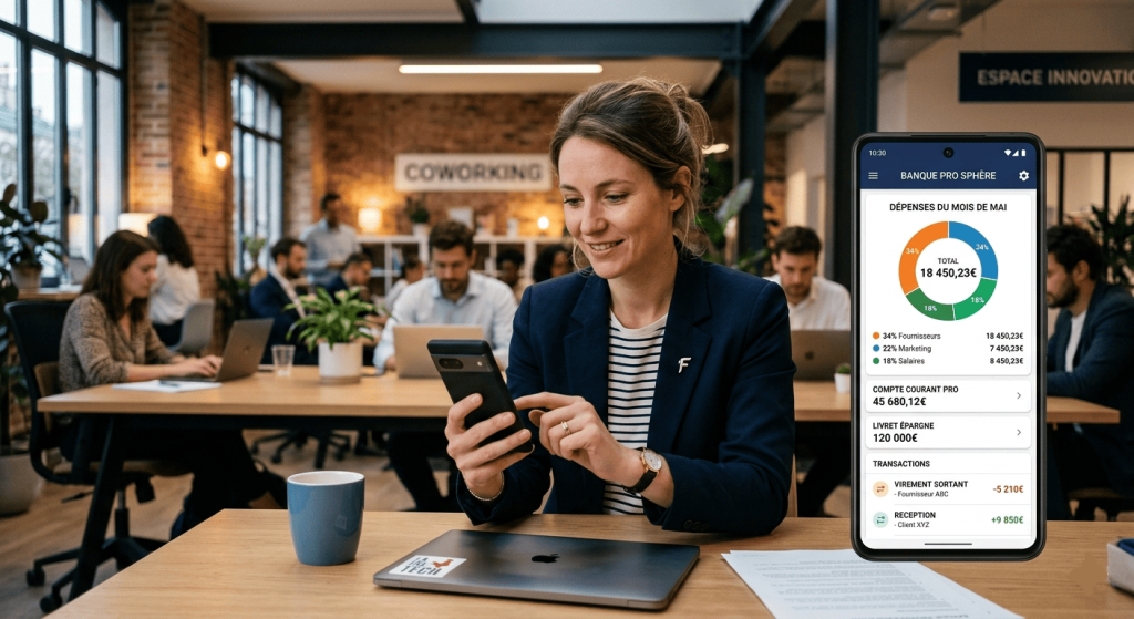 entrepreneure française utilisant une application bancaire mobile dans un coworking élégant