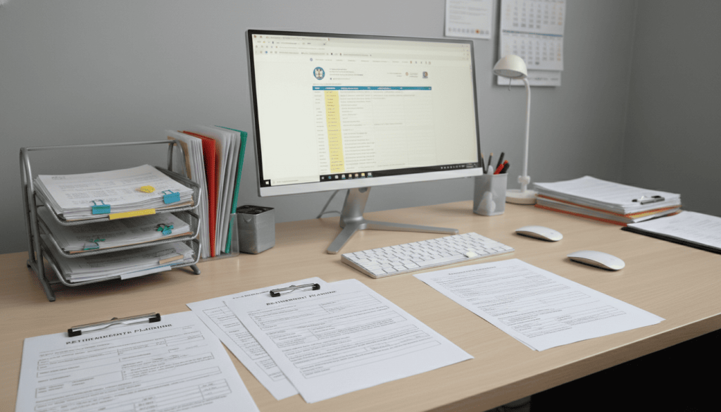 un bureau avec formulaires de retraite, papiers organisés