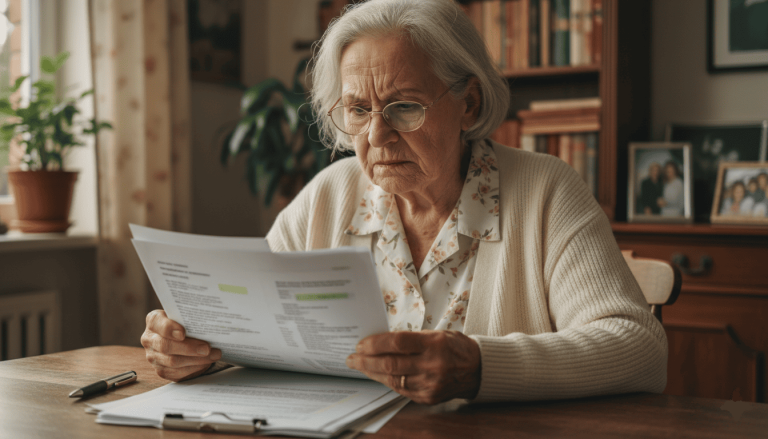 une femme senior lisant des documents administratifs
