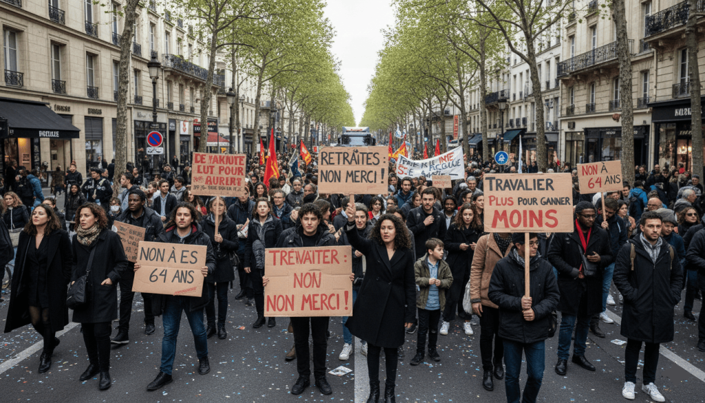 Manifestation réaliste dans une rue urbaine, pancartes liées aux retraites