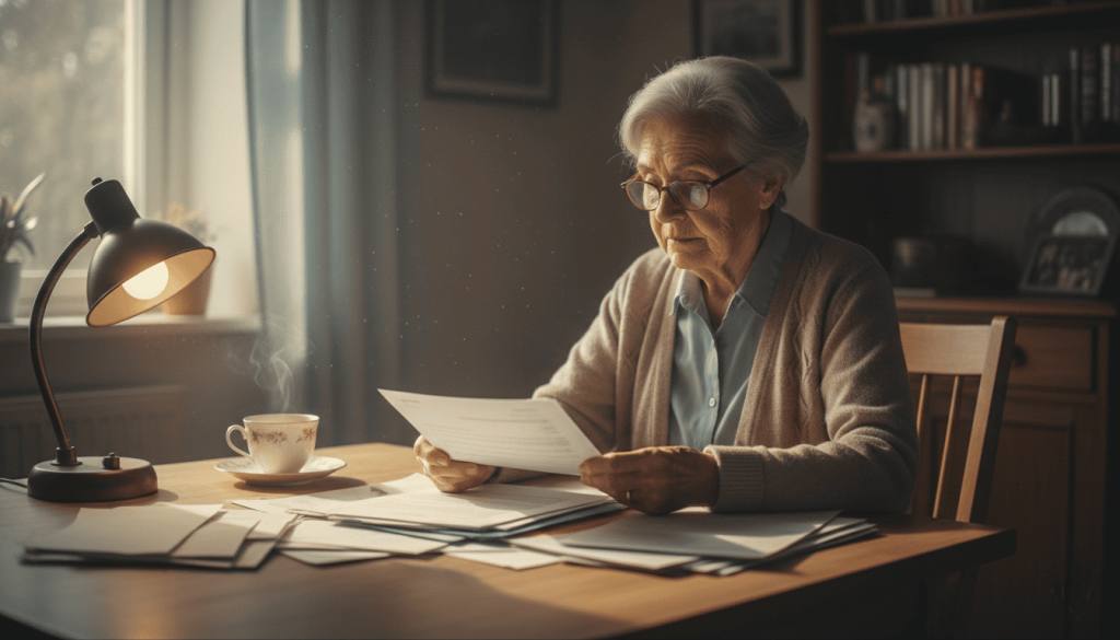 Personne âgée seule chez elle regardant des documents administratifs