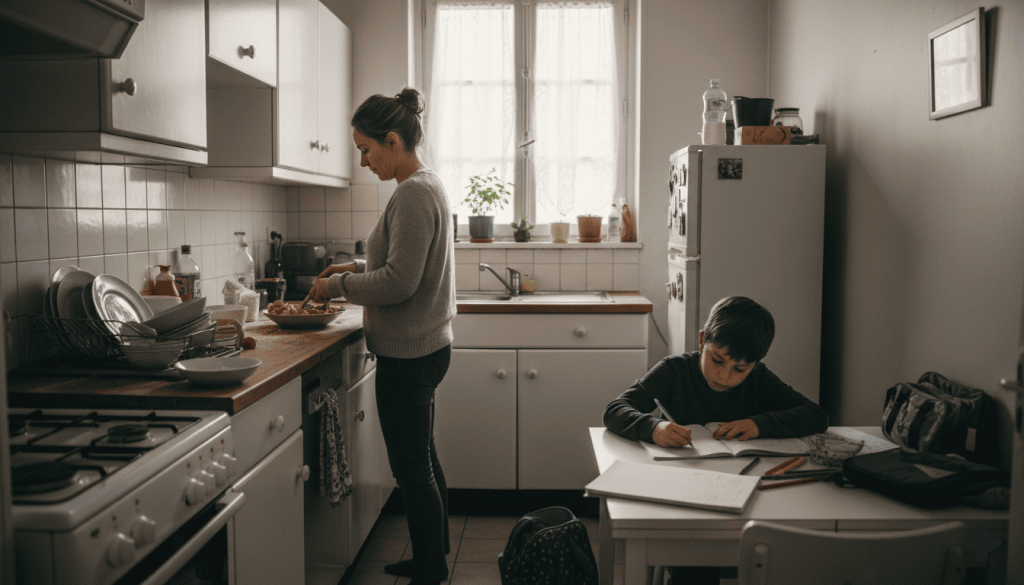 Petite cuisine d’appartement français modeste mais propre, parent préparant un repas simple pendant qu’un enfant fait ses devoirs