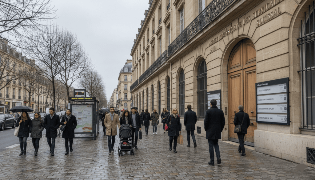 Rue française avec agence administrative et passants variés, panneaux d’informations sociales visibles