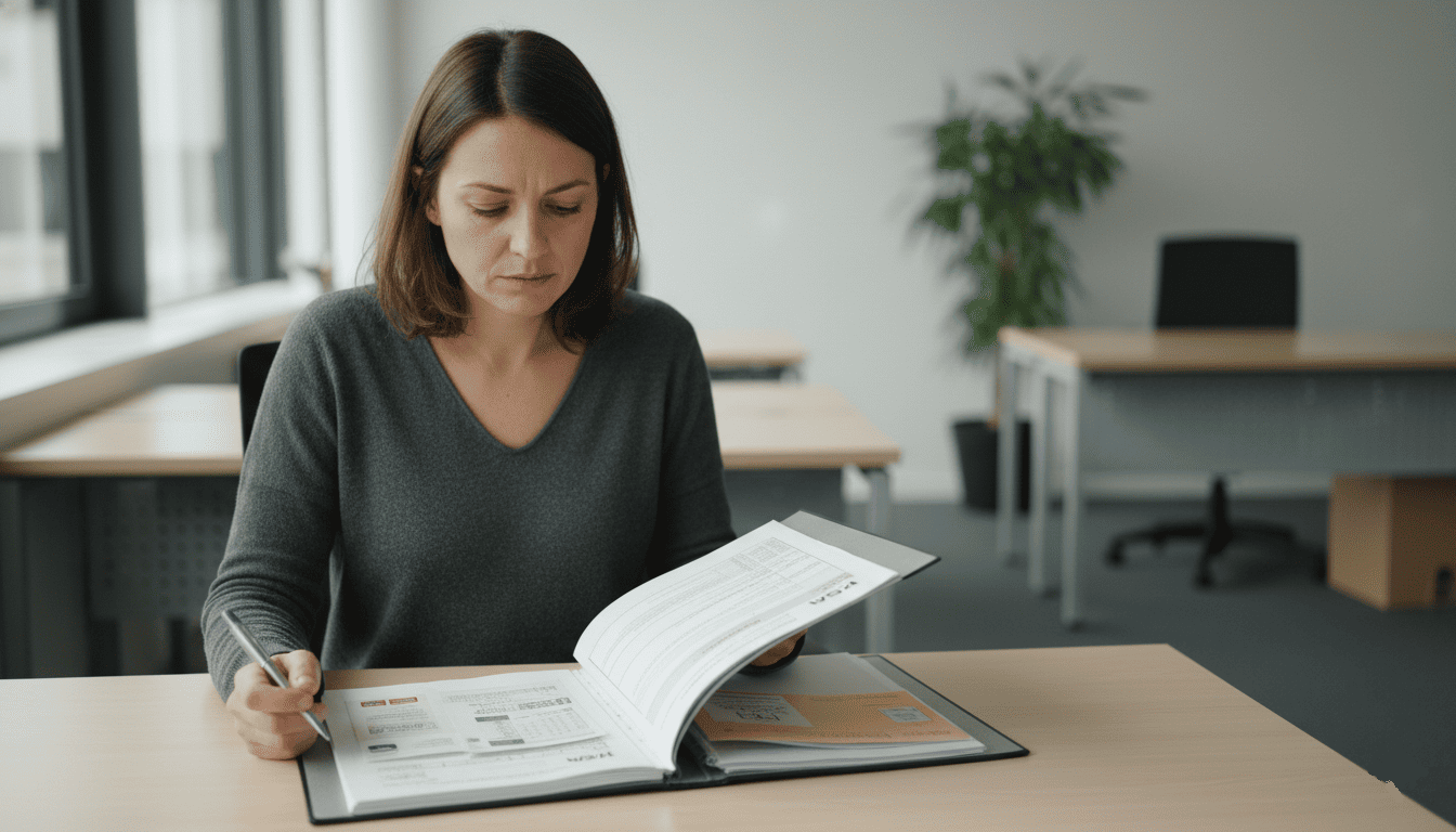 Femme seule dans un espace administratif moderne, consultant un dossier RSA avec formulaires et justificatifs,