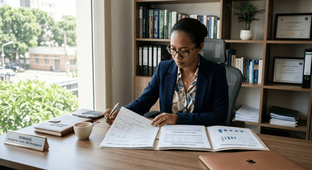 Banquier analysant un dossier client dans un bureau, documents ouverts,