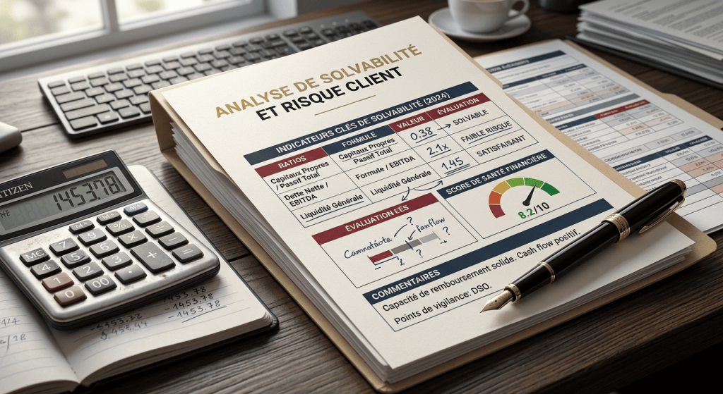 Gros plan réaliste d’un dossier financier avec indicateurs de solvabilité